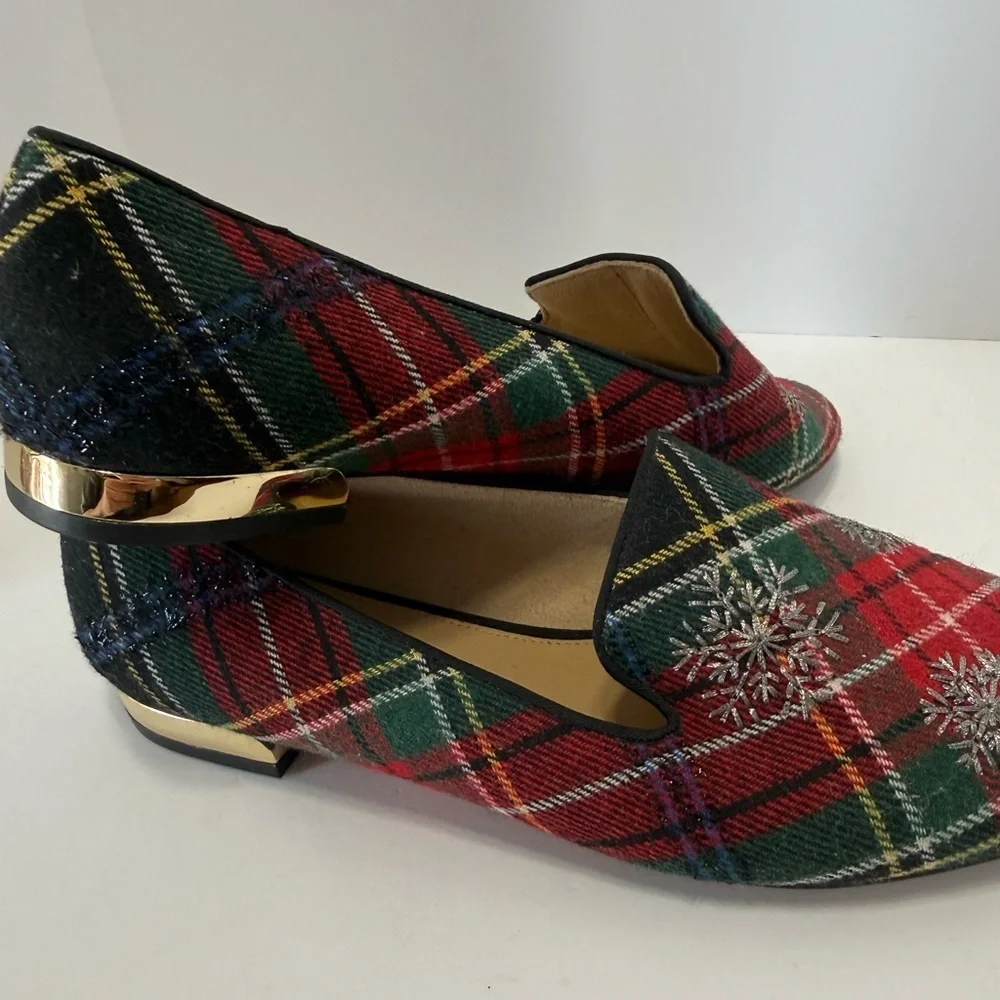 Talbots Red and Green Tartan Plaid With Embroidered Snowflake Loafers, Sz 7.5
